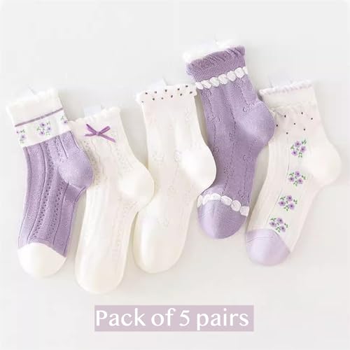 Girls' Summer Thin Cotton Princess Socks 5 Pairs, Purple Mesh Floral Kids Anklet Mid-Calf Socks with Eyelet Trim2