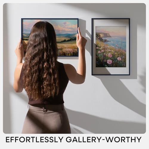 Image of Homeforia 24x24 Picture Frame Navy Blue, High End Metal 24 x 24 Large Square Poster Frame with Mat 20 by 20 inch Photo, 24by24 Thin Frames Matted to 20x20 for Print, Tempered Glass, Wall Kit, Set of 2