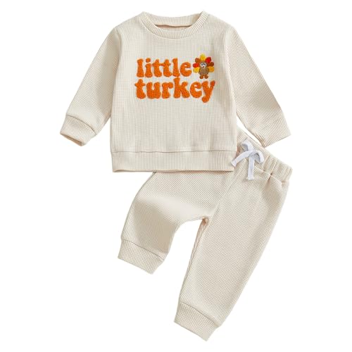 Karuedoo Toddler Baby Boy Thanksgiving Outfit Little Turkey Embroidery Waffle Knit Sweatshirt and Pants Set 2Pc Fall Clothes (A-Apricot 2-3T)