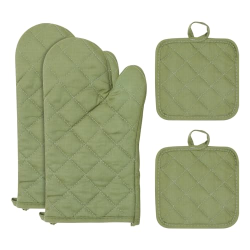 4 Maniques et Maniques de Cuisine, Coton Gants de Four Résistants à la Chaleur Gants de Four Antidérapants, Mitaines de Four Gants de Cuisson pour Barbecue Four Four à Micro-Ondes (Vert Kaki)