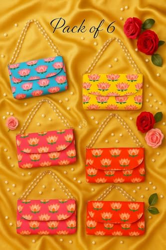 Arrakasta Crafts Assorted Bandhej Bandhani Patola Lotus Handbag Ethnic Clutch Purse For Women With Pearl Handle Sling Bag For Return Gift (Lotus Pichwai Ethnic Clutch Purse For Women, Pack Of 12)