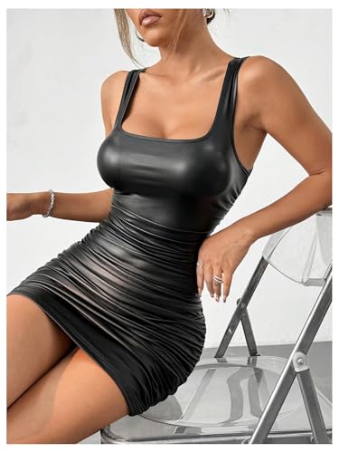 Image of WDIRARA Women's Square Neck Sleeveless Ruched PU Leather Bodycon Mini Dress Party Club Tank Dress