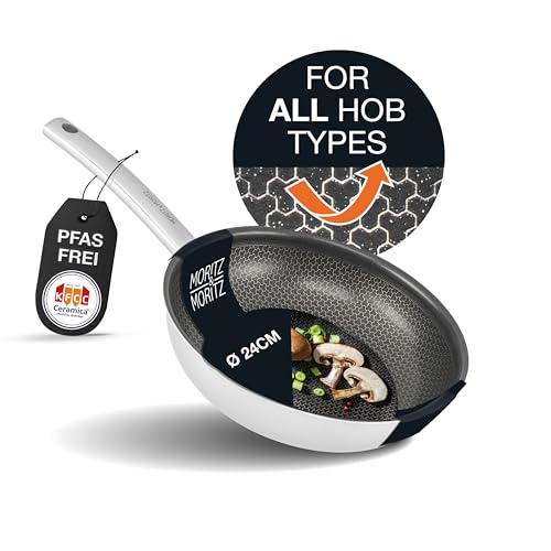 Moritz & Moritz Stainless Steel Pan Honeycomb Structure 24cm with The Latest Generation Ceramica Coating - Suitable for All Hob Types - Non-Stick Pan with Round Rim for Cooking, Frying and Braising