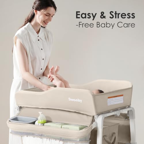 Image of Sweeby Portable Baby Changing Table, Foldable Diaper Changing Station with Waterproof Pad, Mobile Nursery Organizer for Infant & Newborn Essentials, Beige, Gen 2