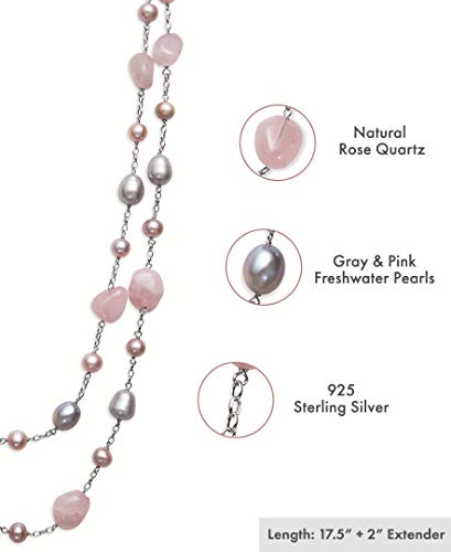 Sterling Silver Rose Quartz Pink Cultured Freshwater Pearl Station Tin Cup Necklace,18" #TOP1