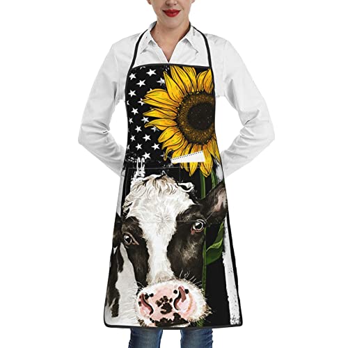 Gregtins American Flag Sunflower Cow Apron Bib Apron With Pocket Funny Kitchen Aprons For Women Chef Cooking Aprons For Bbq Drawing,Apron For Birthday,Valentines Day, Mother's Day #TOP7