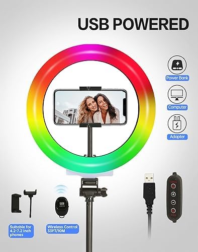 Railee Lampa Pierścieniowa ze Statywem 10-calowa Lampa Pierścieniowa LED do Selfie YouTube Tik Tok Fotografia Makijaż z 3 Białymi Światłami 26 RGB Zmiana Koloru 8 Jasność Całkowita Wysokość 180cm