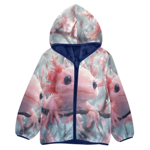 Pink Cute Axolotl Cherry Blossoms Toddler Fleece Jacket Girl Boys Hooded Fleece Jacket Coat Warm Outwear Zip-up 3-10T