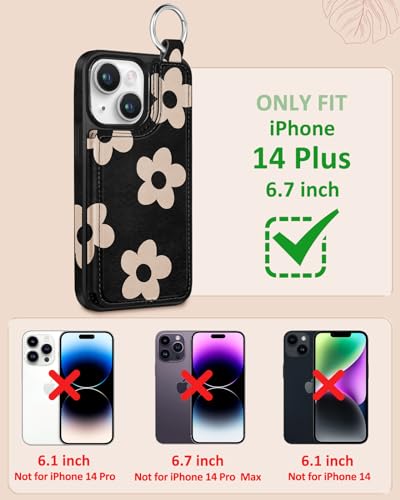 Shorogyt for iPhone 14 Plus Wallet Case with Card Holder, Designer Black Flower Pattern Kickstand Magnetic Clasp Back Flip Folio Leather Phone Cases for iPhone 14 Plus