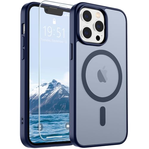 Image of SUPFINE Magnetic for iPhone 12 Pro Max Case with Screen Protector (Compatible with MagSafe) (Military Grade Drop Protection) Translucent Matte Shockproof with Anti-Fingerprint Phone Case,Navy Blue
