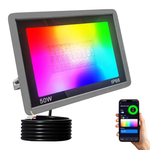 JBdusn 50W Faretto LED RGB Esterno Proiettore, Smart RGBCW Proiettori Colorato con Controllo APP Bluetooth/Wifi, Luci per feste dimmerabili che cambiano colore per Disco Party Halloween Stage Lights
