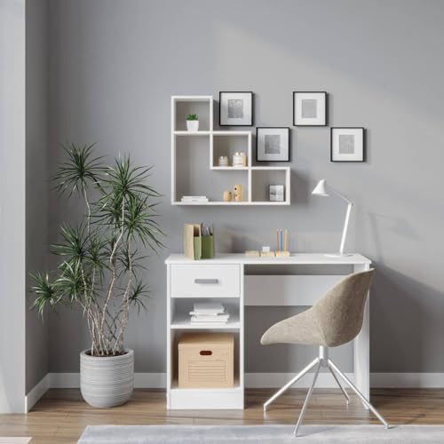 URBNLIVING 1 Drawer Wooden Bedroom Computer Work Table Office Desk Dressing Jewellery Unit (White)