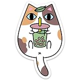 Calico Cat Holding Bubble Tea Vinyl Sticker