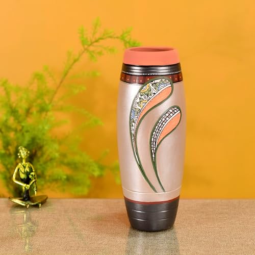 Image of Aakriti Art Creations Autumn Leaf Earthen Vase Handpainted in Tribal Art | Multicolor Terracotta Flower Vase | Matte Finish Decorative Vase for Living Room, Table & Floor Decor