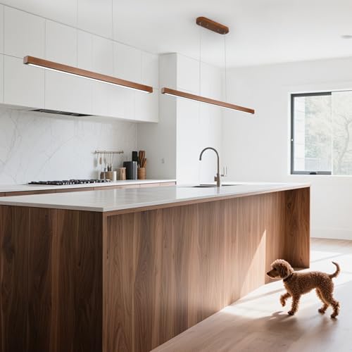 Image of 39 Inch Wood Linear Pendant Light Dimmable LED Kitchen Island Lighting with Remote Adjustable Hanging Chandelier for Dining Room Bar Pool Table 24W Modern Farmhouse Fixture Walnut Color