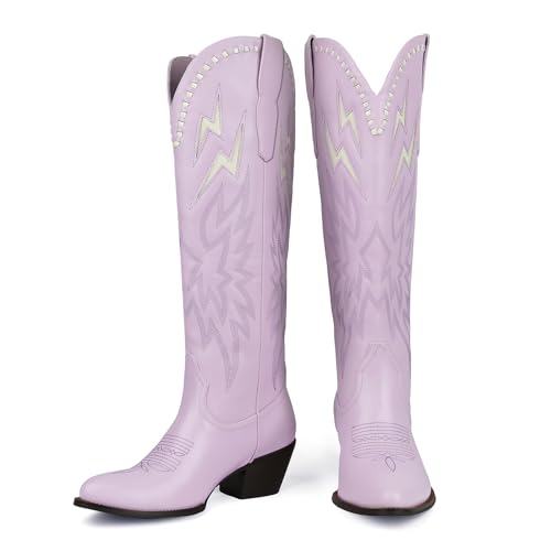 KISSASA Purple Cowboy Boots for Women Knee High Cowgirl Boots Pull On Lightning Embroidered Pointed Toe Western Chunky Low Heel Tall Boot Purple Size 8.5