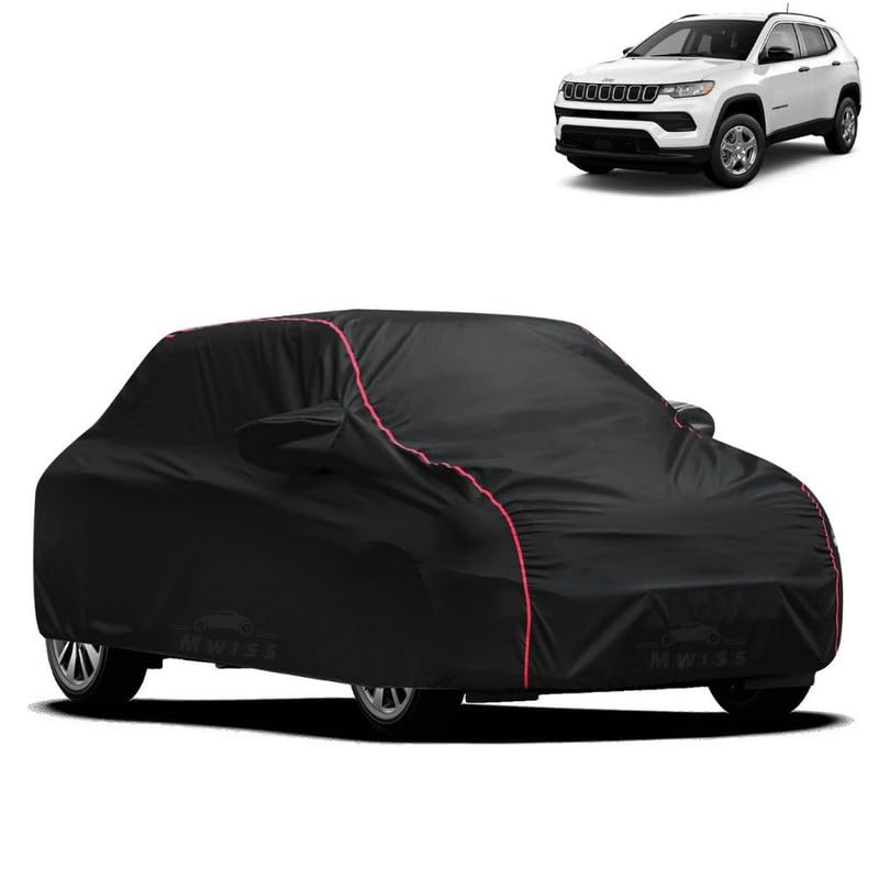 Image of Waterproof Car Cover for Jeep Compass BP | All-Weather Protection, Dustproof & UV Resistant | Triple Stitched Mirror Pockets, Windproof Buckle Strap with Elastic Hem, Black-Red Piping