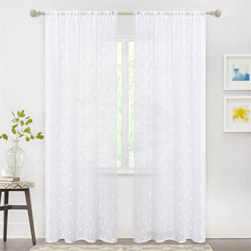Image of MYSKY HOME White Pom Pom Sheer Curtains for Living Room 90 Inches 2 Panels