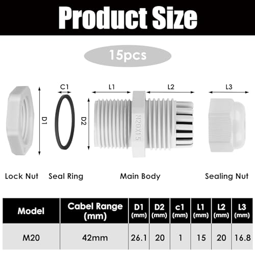 Cable Gland M20, Pack of 15 IP68 Cable Grommet Waterproof Grey Adjustable Cable Glands for Outdoor Garden Control Box Junction Box - Image 2