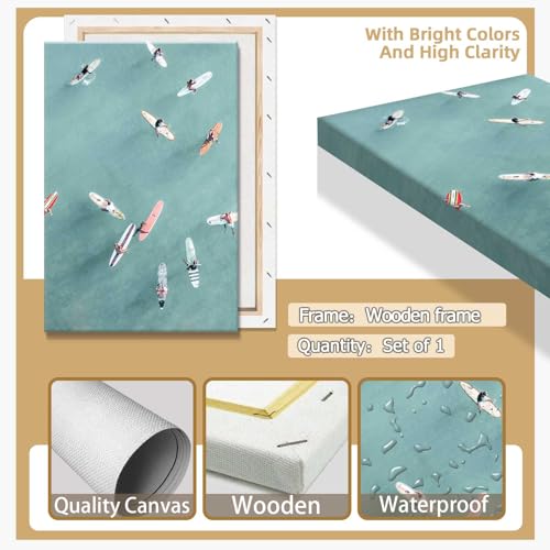 Abstract Ocean Painting - Denim-Clad Surfers Floating On Translucent Waves, Modern Serene Sea Canvas Wall Art For Coastal Living Room Decor Modern Beach House 24x36in Wframed - Image 2