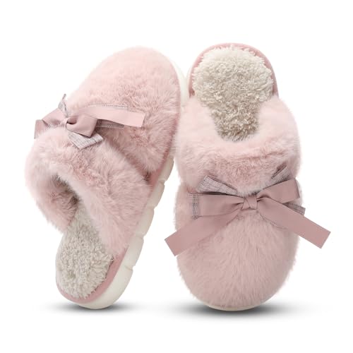 Cute Women's Memory Foam House Slippers - Fuzzy Plush Faux Fur Slippers with Bow Butterfly Tie - Anti-Skid Indoor/Outdoor Gifts for Women, Moms & Ladies