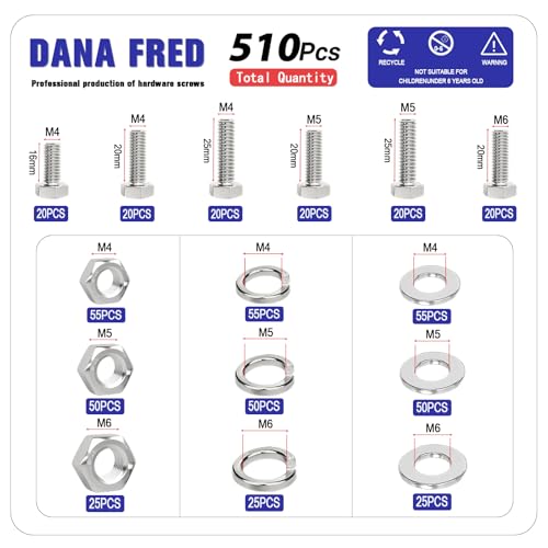 Hex Flat Head Bolts M4 M5 M6 Metric Threaded Hexagon Machine Screws Nuts Metal Hardware Fastener Flat and Lock Washers SAE Assortment Kit Set 304 Stainless Steel 510pcs