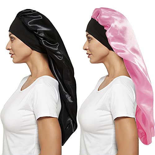 2 Pcs Hair Bonnets for Women Satin, Soft Elastic Band Silky Sleeping Cap Big Bonnets for Women Bonnet for Braids(Black+Pink)