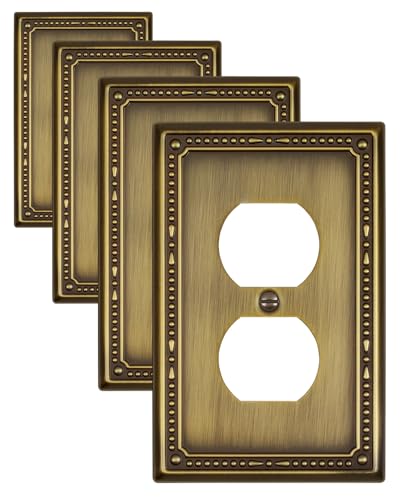ZILLSEA 4-Pack Antique Brass Outlet Covers Metal Duplex Wall Plates for Electrical Outlets Light Switches Decorative Pearl Design 3.15*4.88 Midsize