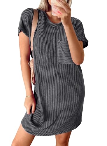 Image of Acelitt Womens Casual Summer Crewneck Short Sleeve Ribbed Mini Tshirt Dress, XS-3XL