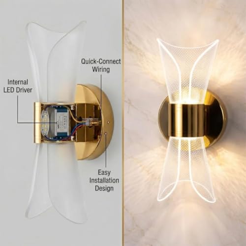 Image of fizzytech Crystal Aura LED Wall Light, Gold Finish Decorative Wall Lamp with 3 Colour Changing Modes for Living Room, Bedroom, Hallway & Home Decor, Pack of 2