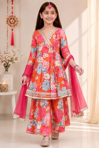 Image of Preneum Girls's Ethnic Cotton Bandhani & Lehariya Printed 3 /4 Sleeves Gotta Patti Angrakha Kurta with Sharara Set
