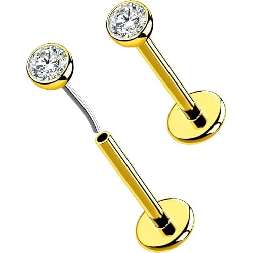 OUFER 2Pcs 20G/18G/16G G23 Titanium Threadless Nose Stud Earrings Flat Back Tiny CZ Small Nose Helix Cartilage Tragus Conch Labret Medusa Monroe Piercing Jewelry for Women Men Gold 2pcs, 18g