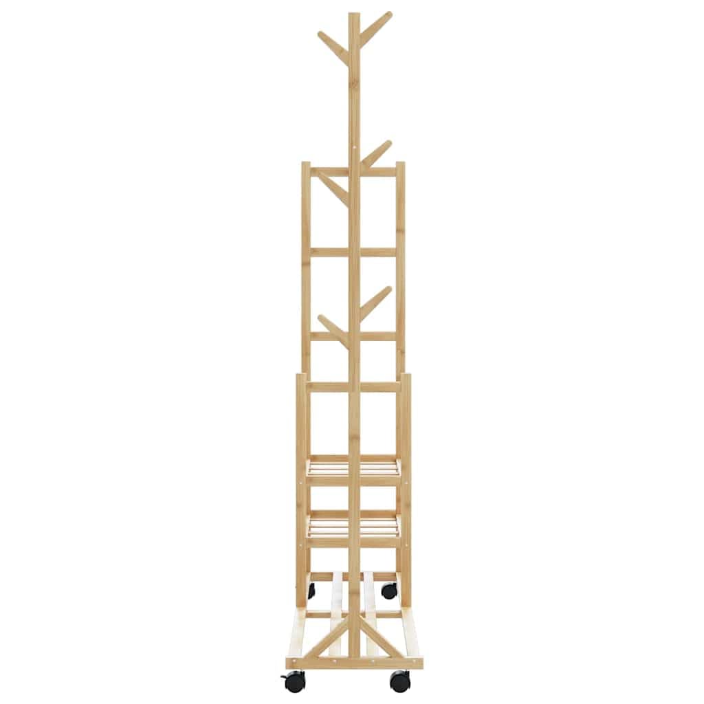 Wieszak na ubrania, z bambusa, z półkami i kółkami, 100 x 38 x 175,5 cm, wolnostojący, z półką na buty, hakiem i drążkiem na ubrania, stabilny, do sypialni i korytarza
