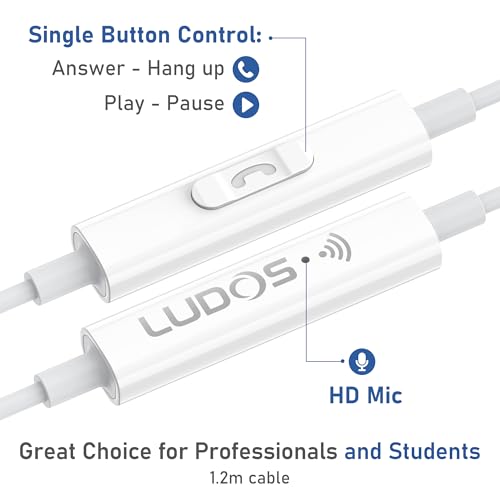 Image of LUDOS OMNITONE Wired Earbuds in-Ear Headphones, 5 Year Warranty, Earphones with Microphone, 3.5 mm Jack Corded Ear Buds, Videoconference for iPhone, Samsung, Laptop, Kids, School Students - White
