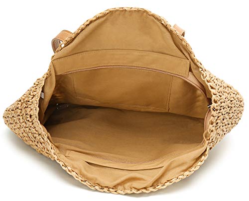 Straw Bag Round Summer Straw Large Woven Beach Bag Purse For Women Vocation Tote Handbags With Pom Poms - Image 6