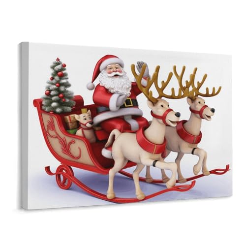Décoration murale de Noël : toile imprimée Père Noël et renne 40x30cm pour chambre