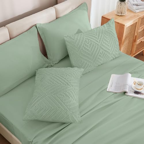 Image of Andency Super King Plus Comforter Set Sage Green - 7 Pieces Bed in a Bag Oversized King Bedding Sets, Boho Tufted Lightweight Fluffy Bed Set with Comforter, Sheets, Pillowcases & Shams