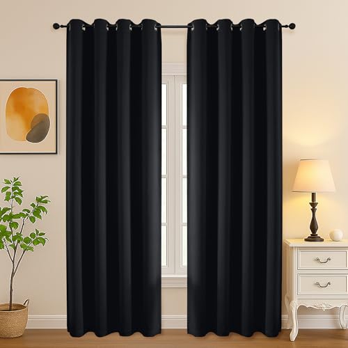 Image of Simplebrand Halloween Black Blackout Curtains for Bedroom 90 Inches Long 2 Panels Set, Solid Privacy Energy Saving Living Room Window Treatment, Room Darkening Curtains Blackout Drapes, 50 W x 90 L