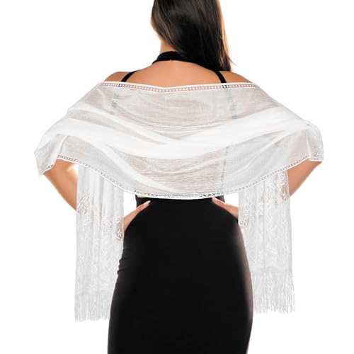 Women Floral Lace Scarf Shawl with Tassels, Formal Wraps Soft Mesh Fringe Wraps for Wedding Party Evening Dress