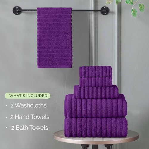 Image of Elegant Comfort 100% Turkish Cotton Corduroy Ribbed Luxury 6-Piece Set, Premium Feel - Quick Dry, Highly Absorbent, Contains 2 Bath Towels, 2 Hand Towels, and Two Washcloths, Purple (Pack of 4)