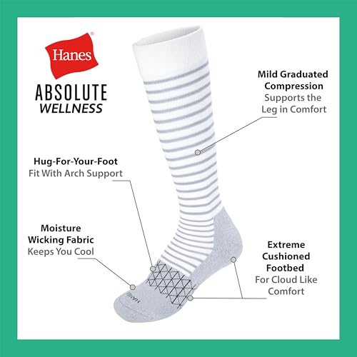 Hanes Women's Over-the-Calf Socks w/ Mild Graduated Compression, Absolute Wellness Non-Binding Cushioned Socks, 3-Pack3