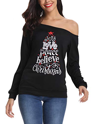 Festive Christmas Tees Women Off Shoulder Long Sleeve 10 christmas tees - black