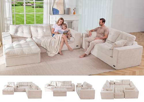 Image of MAXYOYO Modular Sectional Sofa with Ottoman and Loveseat, Cloud Boneless Couch with Layered Cushion, Flexible Module Combination Sofa for Living Room, No Assembly Required,Beige