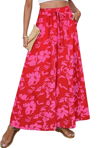 SimpleFun Beach Vacation Clothes for Women Palazzo Pants Draped Bohemian Floral Wide Leg Slacks Floral Red XL