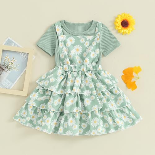 Image of Toddler Baby Girl Summer Clothes Kids Short Sleeve Solid T-Shirt Ruffle Daisy Skirts Overalls Dress Outfit 18M-6T
