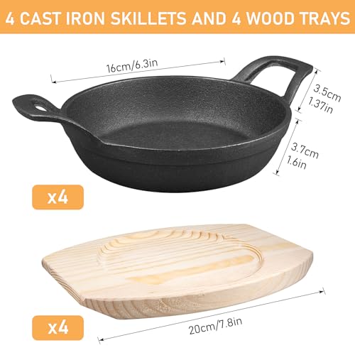 4 Sets Mini Cast Iron Skillet, Cast Iron Plates Skillet with Wooden Base, Small Round Fajita Plate Nonstick Baking Pan Sizzling Plate for Indoor and Outdoor Use (16 cm) - Image 4