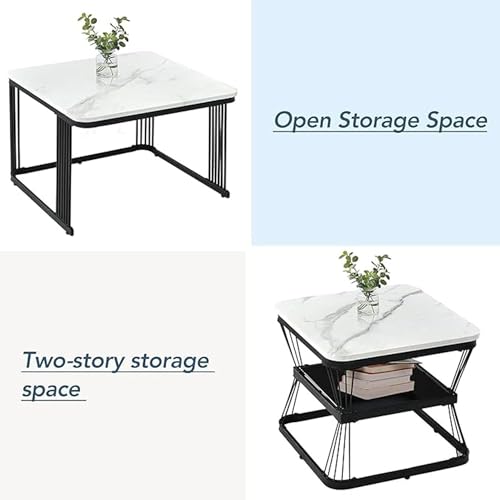 Image of Square Side Table Set of Stackable Tea or Coffee Tables with Marble Tops for Apartments, Bedrooms, and Living Rooms Black White