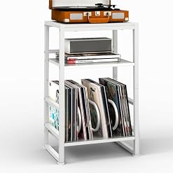 3-Tier Vinyl Record Player Stand, End Table for Album Storage, 28″ H Record Player Stand with Storage Up to 120 Albums, Side Table for Living Room Bedroom - Les Beatles, Paul McCartney, John Lennon, RIngo Starr, George Harrison