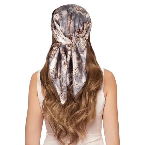 EXTREE 100% Pure Mulberry Silk Scarf Fashion Hair for Women Scarf Lightweight Square Neckerchief 27.5× 27.5 inches Line Drawing Camellia