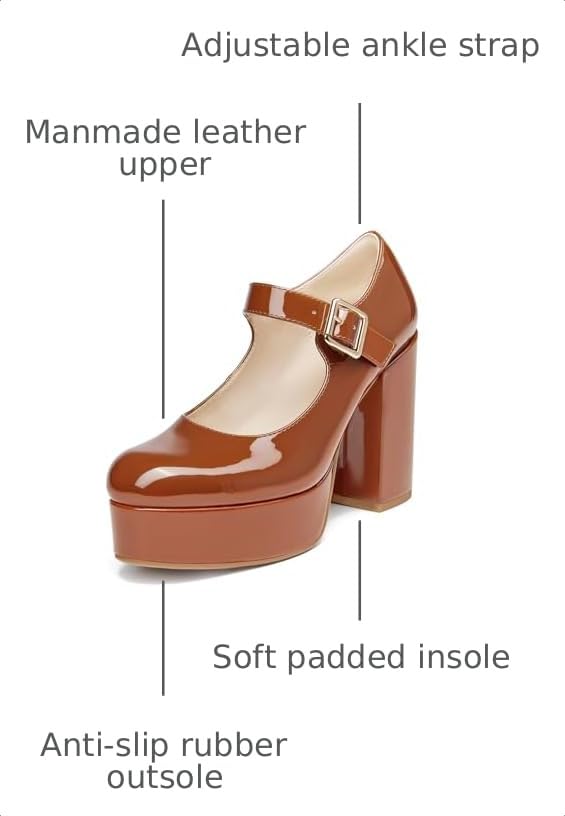 Image of Coutgo Womens' T-Strap Round Toe Chunky Platform Heels Patent Mary Jane Dress Shoes